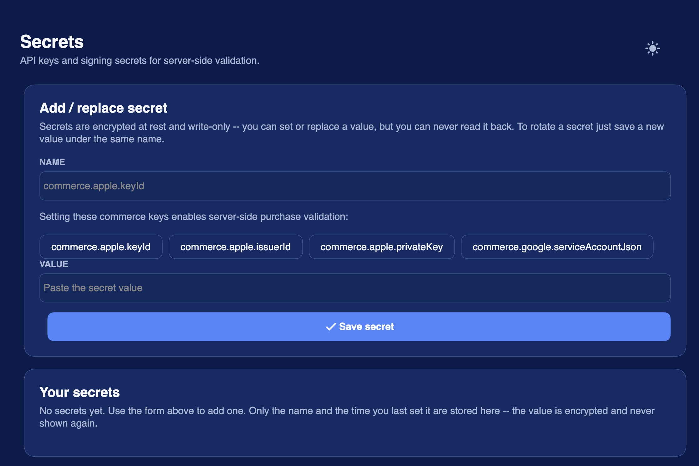 Secrets dashboard for managing app-readable secrets and server-side credentials