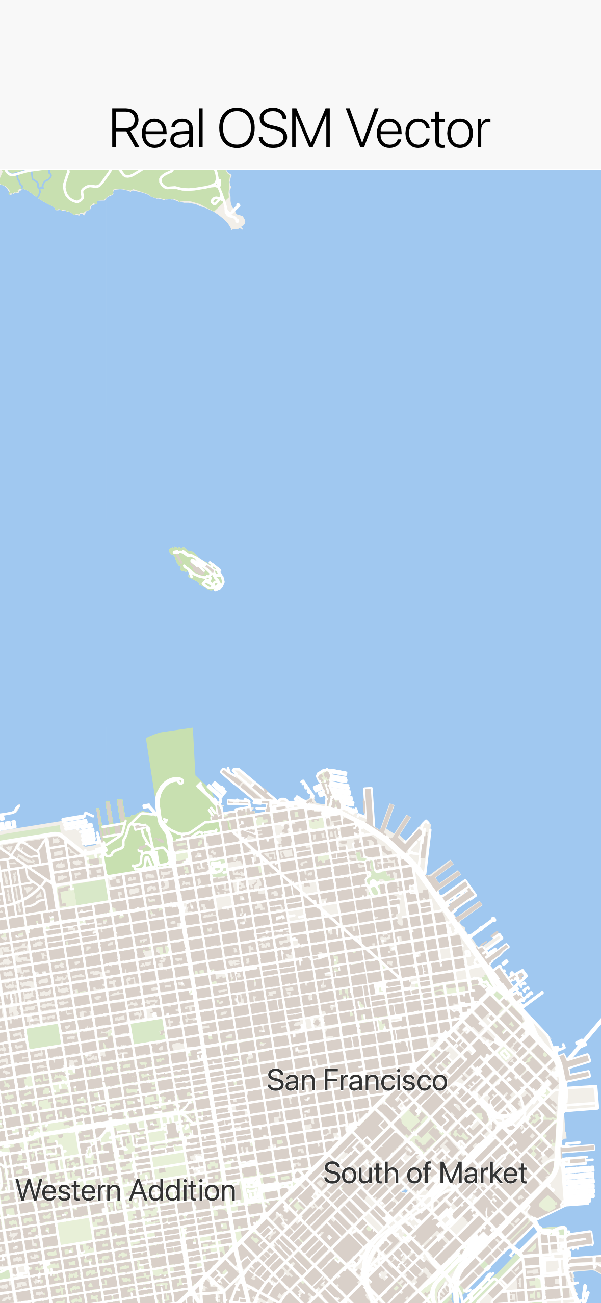 A pure-vector OpenStreetMap render of San Francisco in the light style
