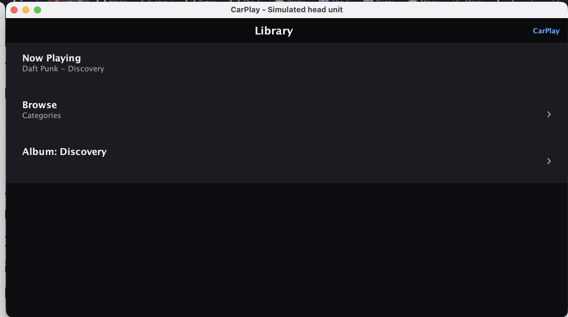 Simulated CarPlay head unit rendering a CarListTemplate